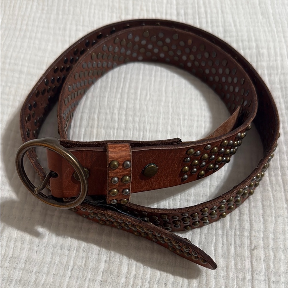 Studded Leather Belt with Brass Accents